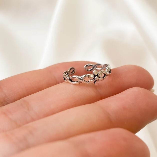 Solid Metal For Women's Flower Adjustable Toe Ring 14k White Gold Plated Silver