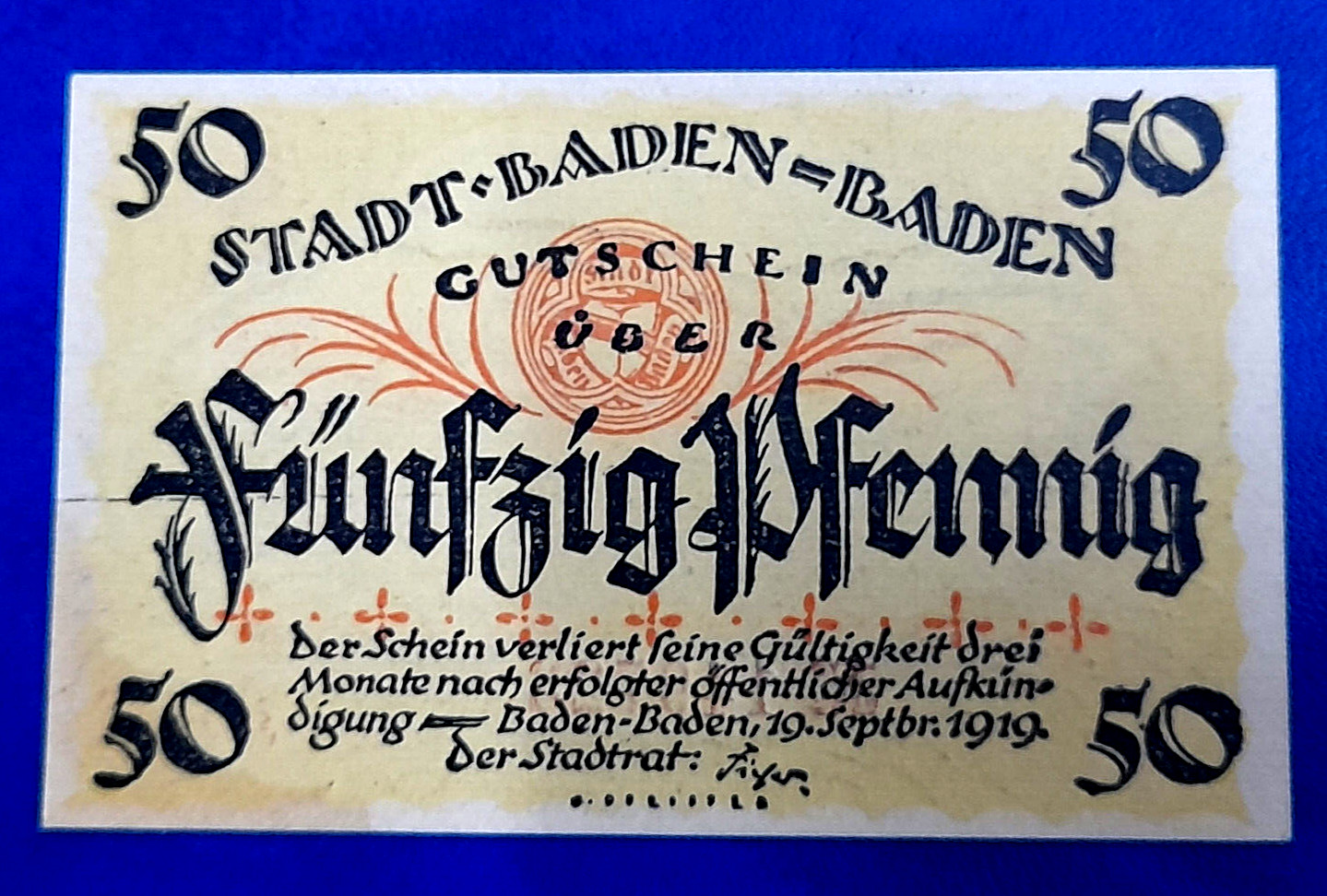 BADEN-BADEN NOTGELD 50 PFENNIG 1919 EMERGENCY MONEY GERMANY BANKNOTE (28167)