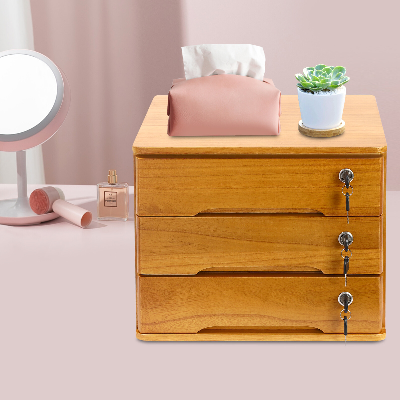 Wooden Desktop Storage Cabinet Desktop Storage Box with Lockable Drawers