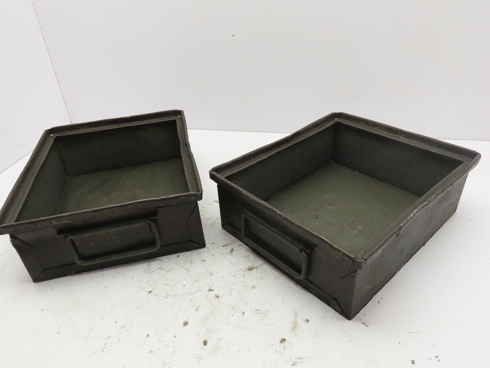 Qty-2  11"x13"x 4-1/2" Vintage Industrial Stackable Metal Tote Pan Bin Handles