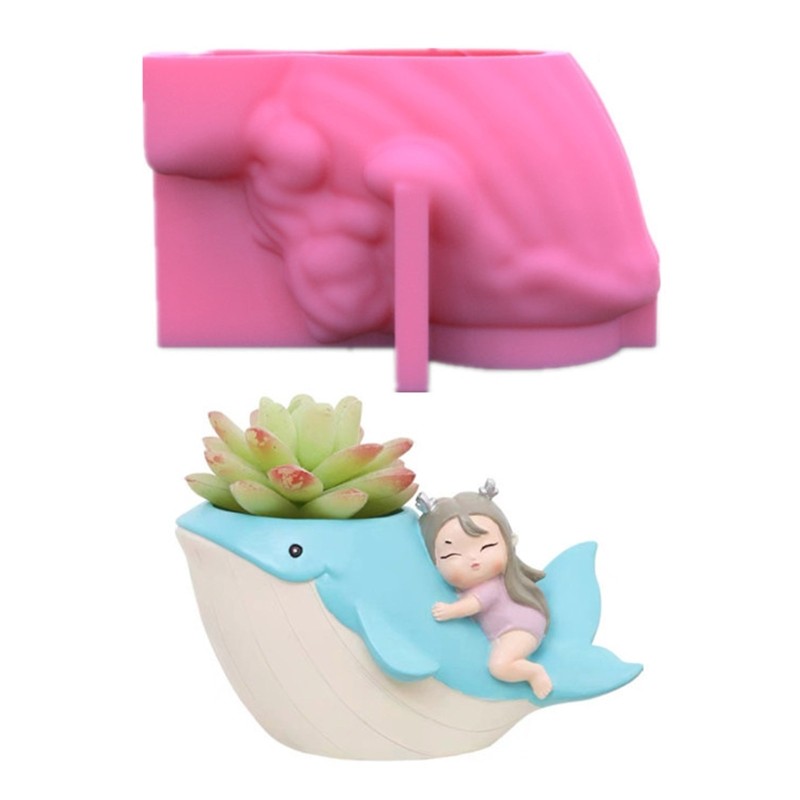 Silicone Mold 3D Cute Whale Girl Flower Pot Mould DIY Handmade Craft Home Decor