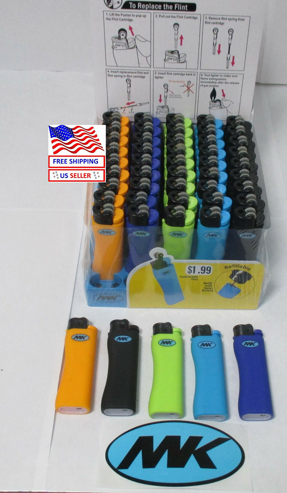LOT OF 5,10,20,50-- "MK" Grip Fulll Size Refillable Cigarette Premium Lighter