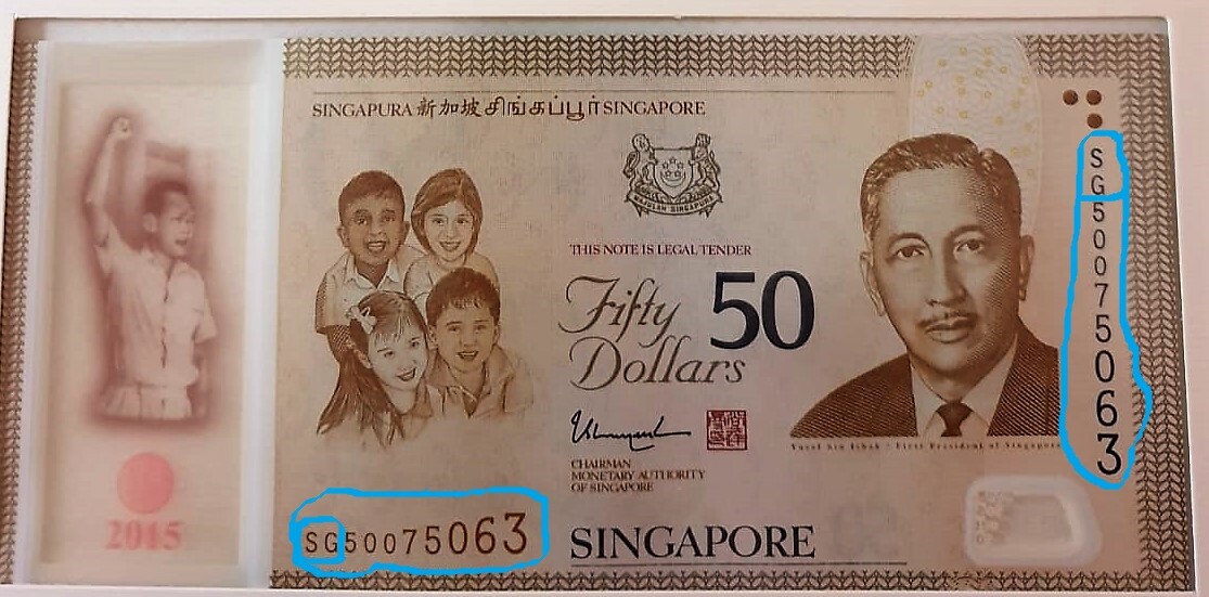 2 x Singapore 50 Dollars 2015 Bankbiljet, Uncirculated SG50 BLUE voorvoegsel UP-