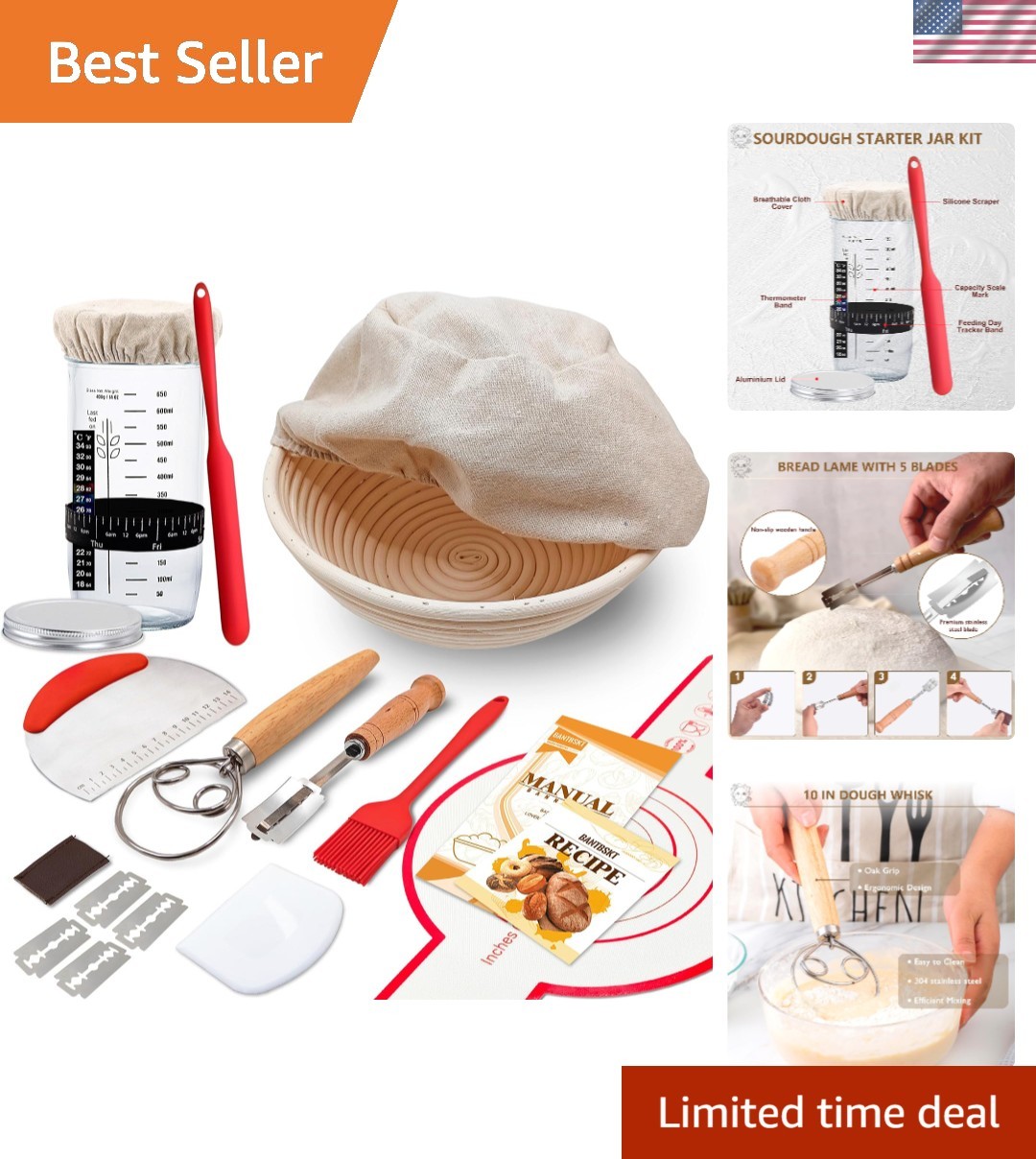 Family-Friendly Sourdough Starter Kit: 9" Proofing Basket & Glass Jar Included