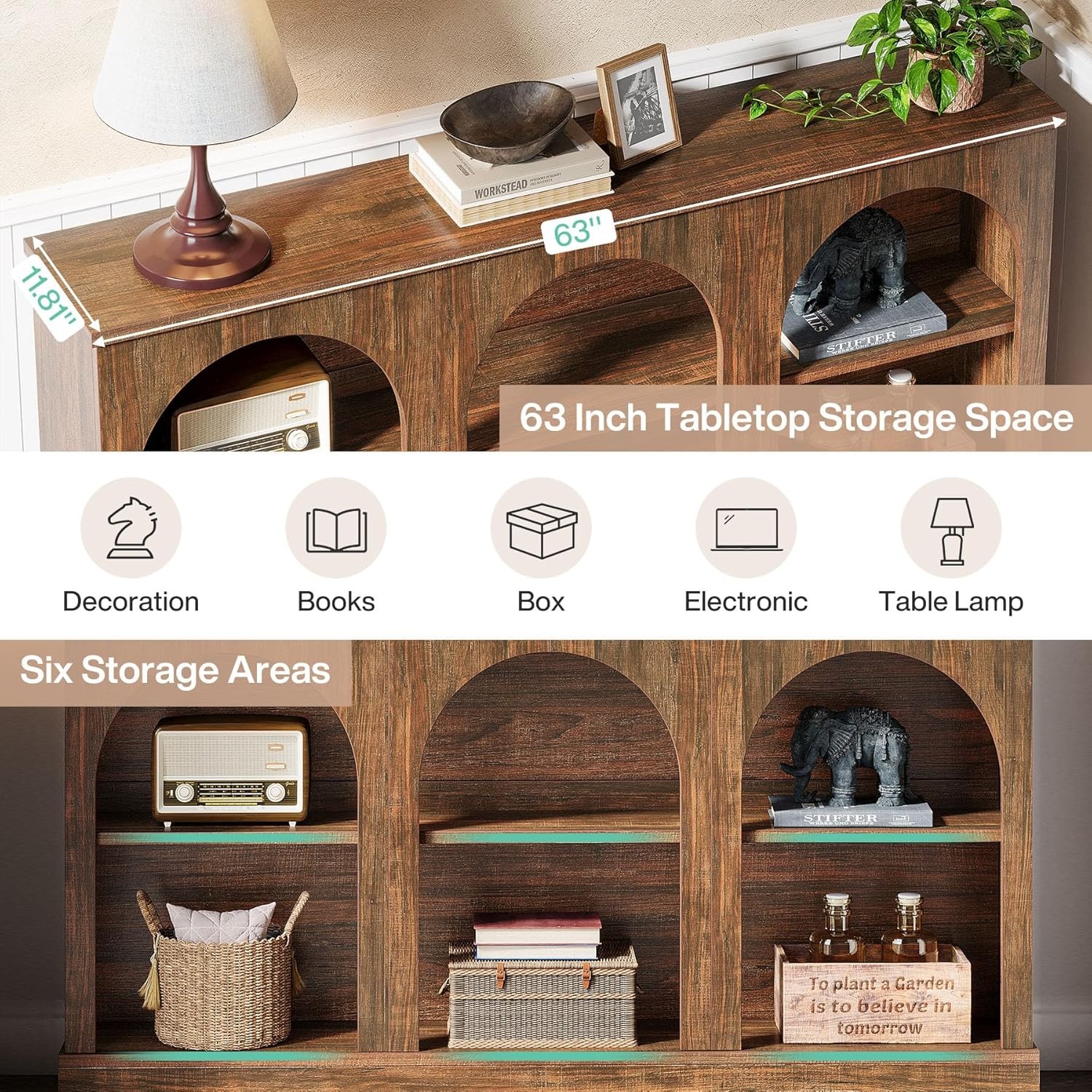 63-Inch Farmhouse Console Table, Rectangular Wooden Entryway Table with Storage