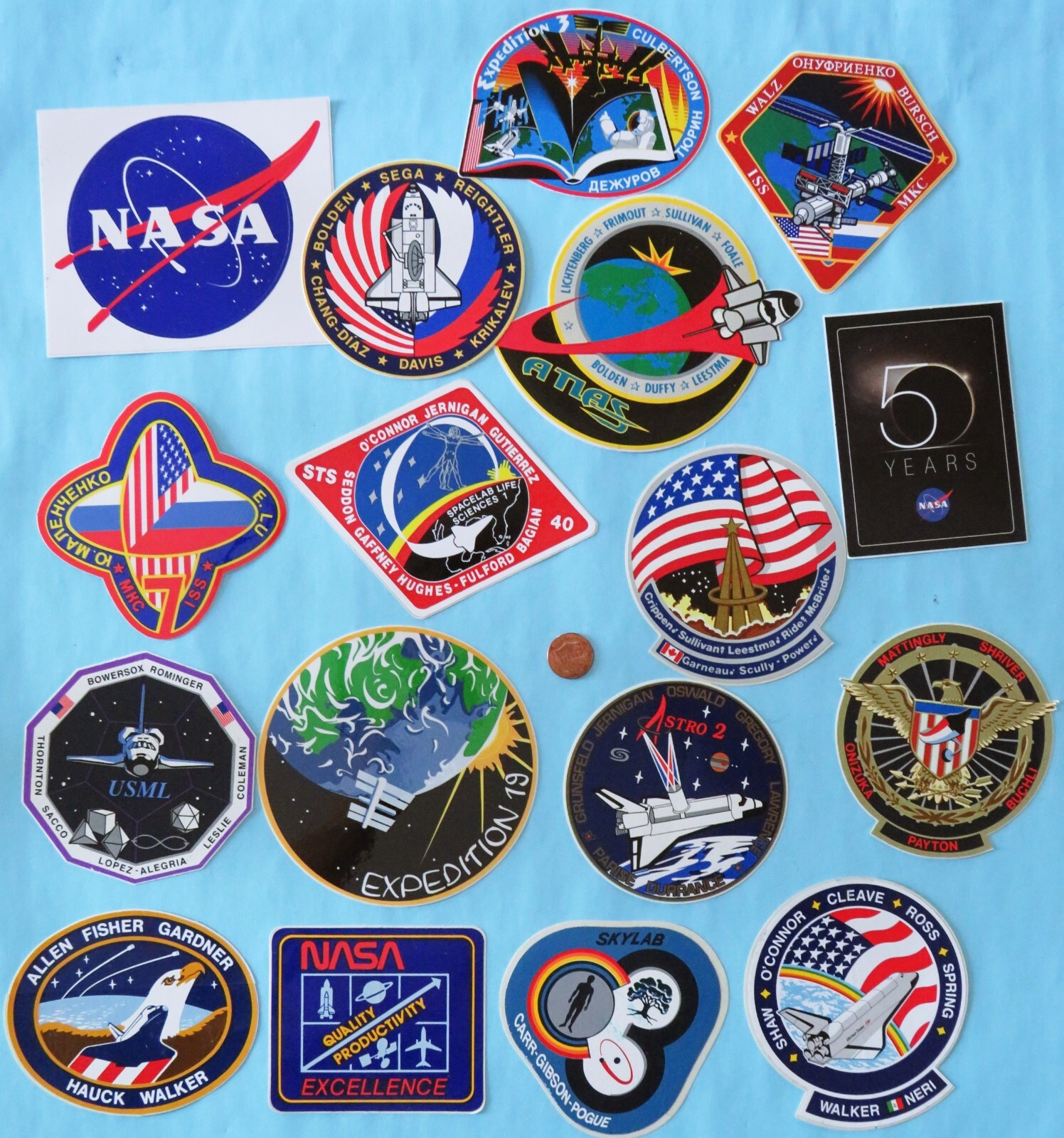 NASA STICKER Huge Lot of 17 vtg Atlas Space Shuttles USML Skylab ISS #A