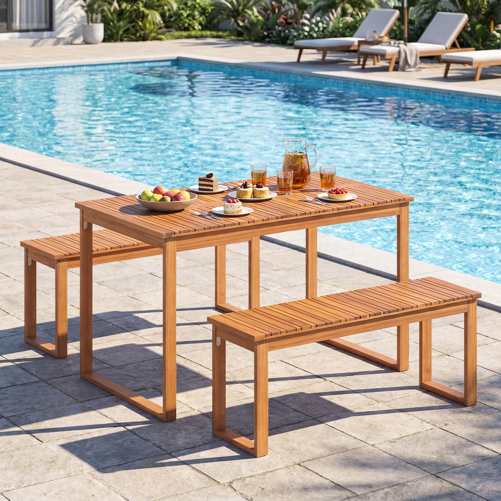 Outdoor Acacia Wood Dining Table, Rectangular Patio Table w/Slatted Tabletop