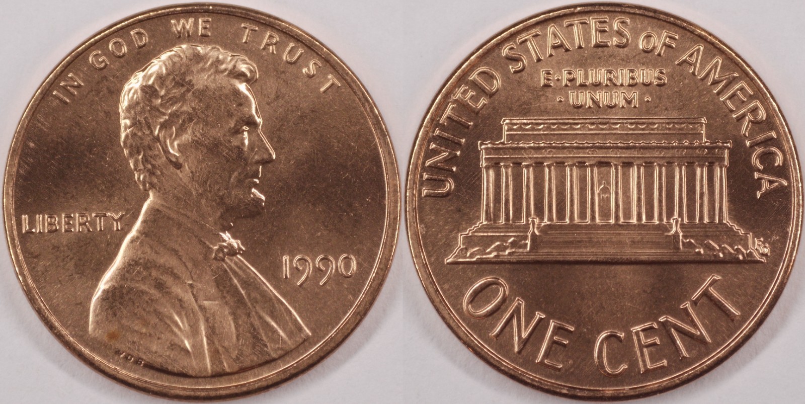 United States 1990 1 Cent Lincoln Memorial KM#201a Copper Plated Zinc
