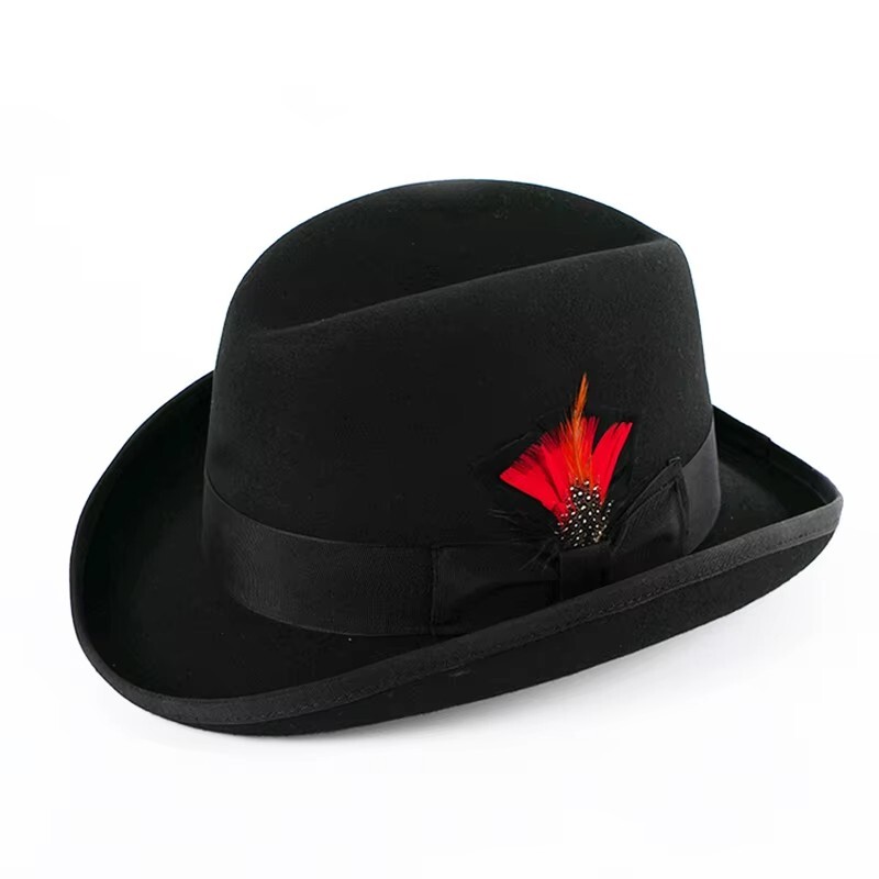 100% Wool Homburg Godfather Hat Firm Felt Bowler Hat Men Fedora Satin Lined