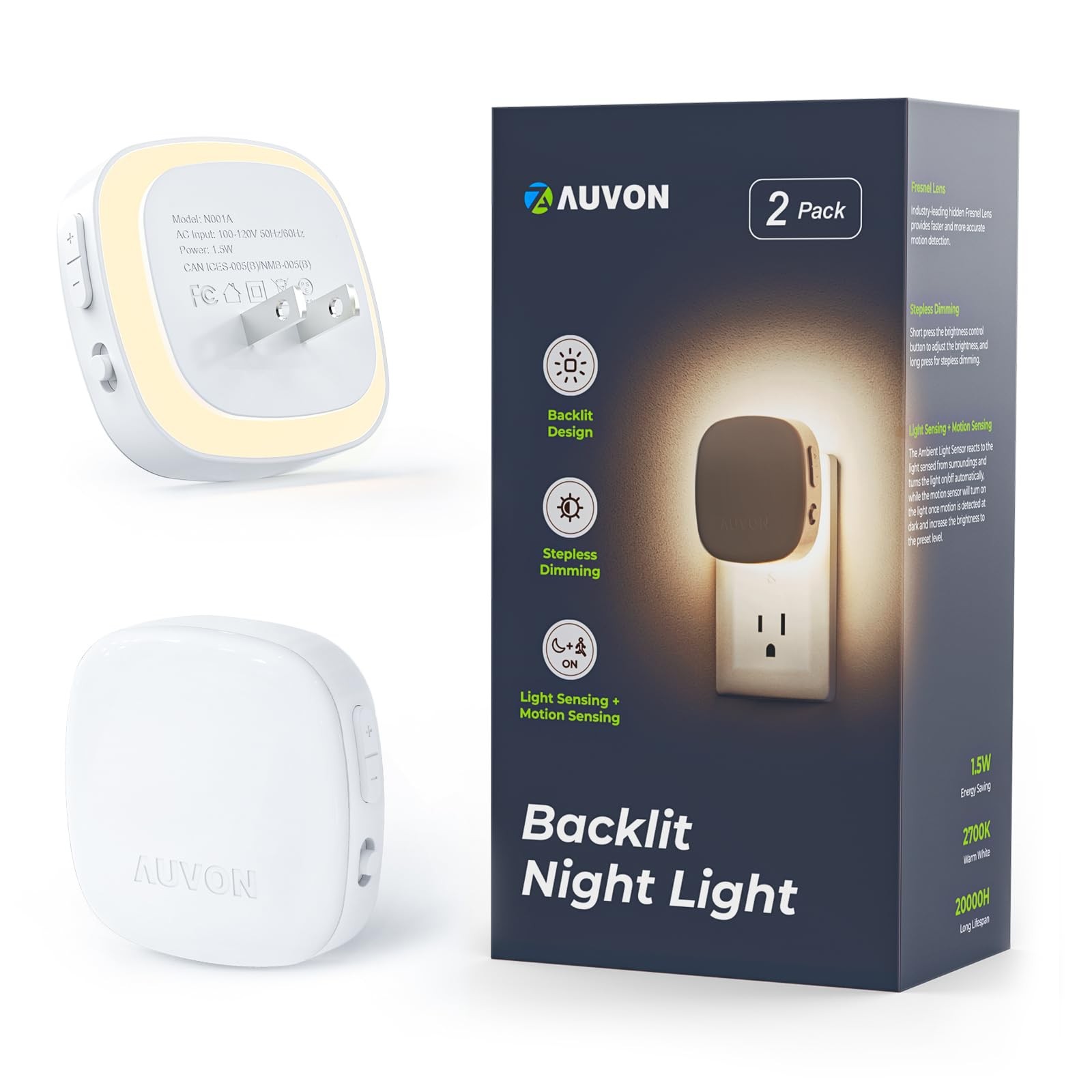 AUVON Plug-in LED Backlit Night Light with Motion Sensor & Small, Warm White