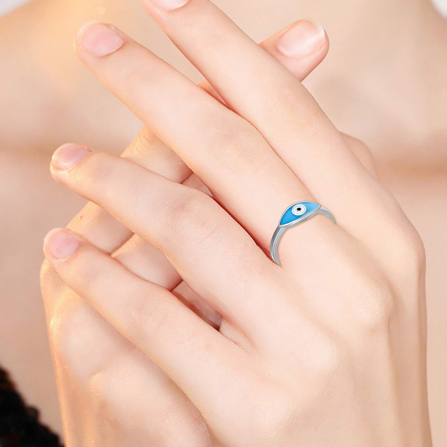 Evil Eye Ring Sterling Silver Stackable Blue Protection evil eye Ring Gift fo...