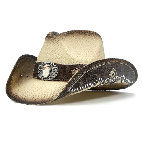 Cowboy Hats for Women and Men Straw Western Hat Embroidered Small-Medium Tan
