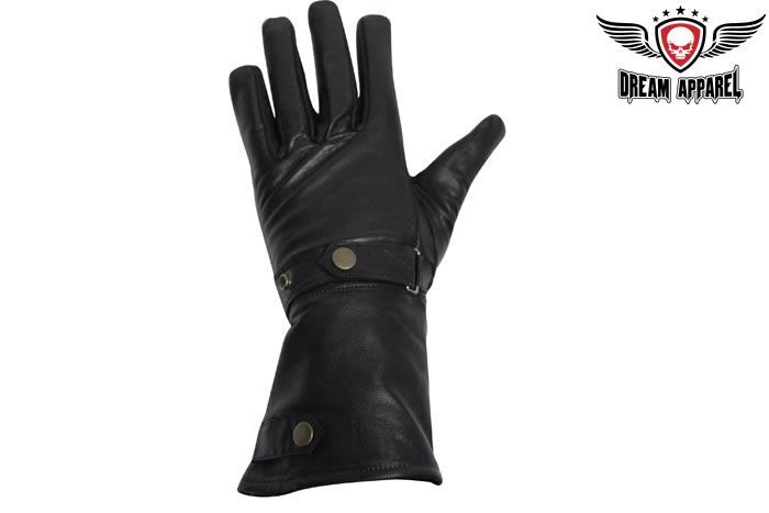 Black Full Finger Long Genuine Leather Motorcycle Riding Lining Gloves