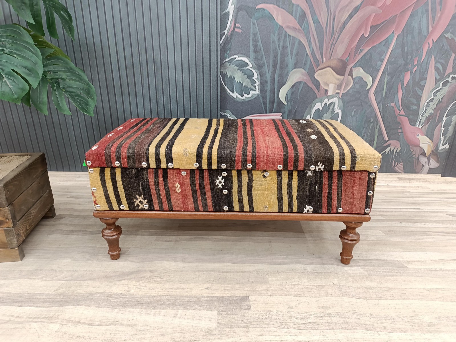 Kilim Storage Ottoman Handmade Wood Bench Upholstered Entry Organizer