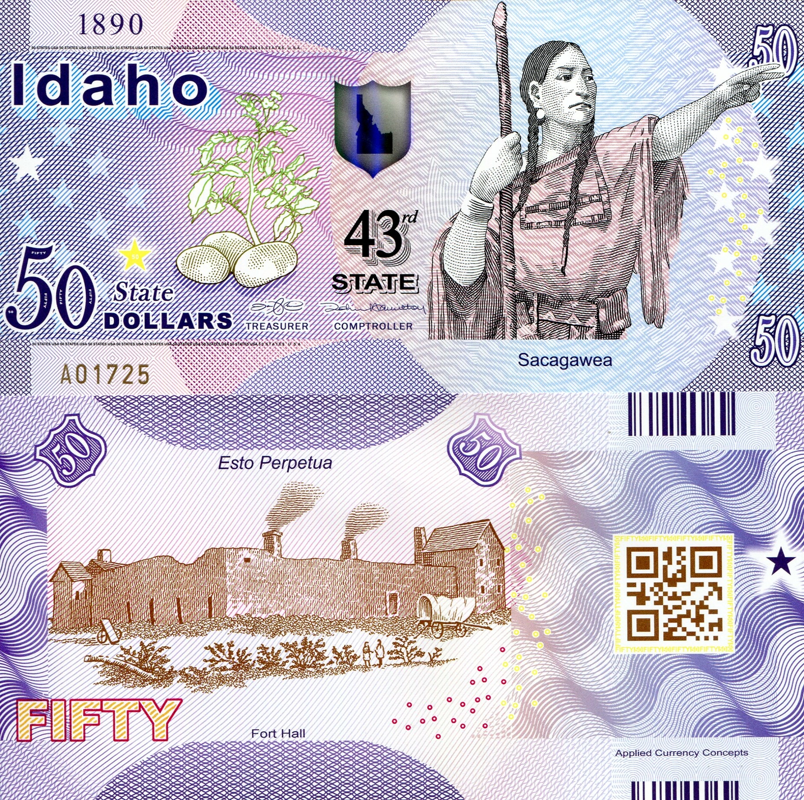 ACC STATE NOTE SERIES: IDAHO $50 STATE POLYMER FANTASY ART BILL - SACAGAWEA!