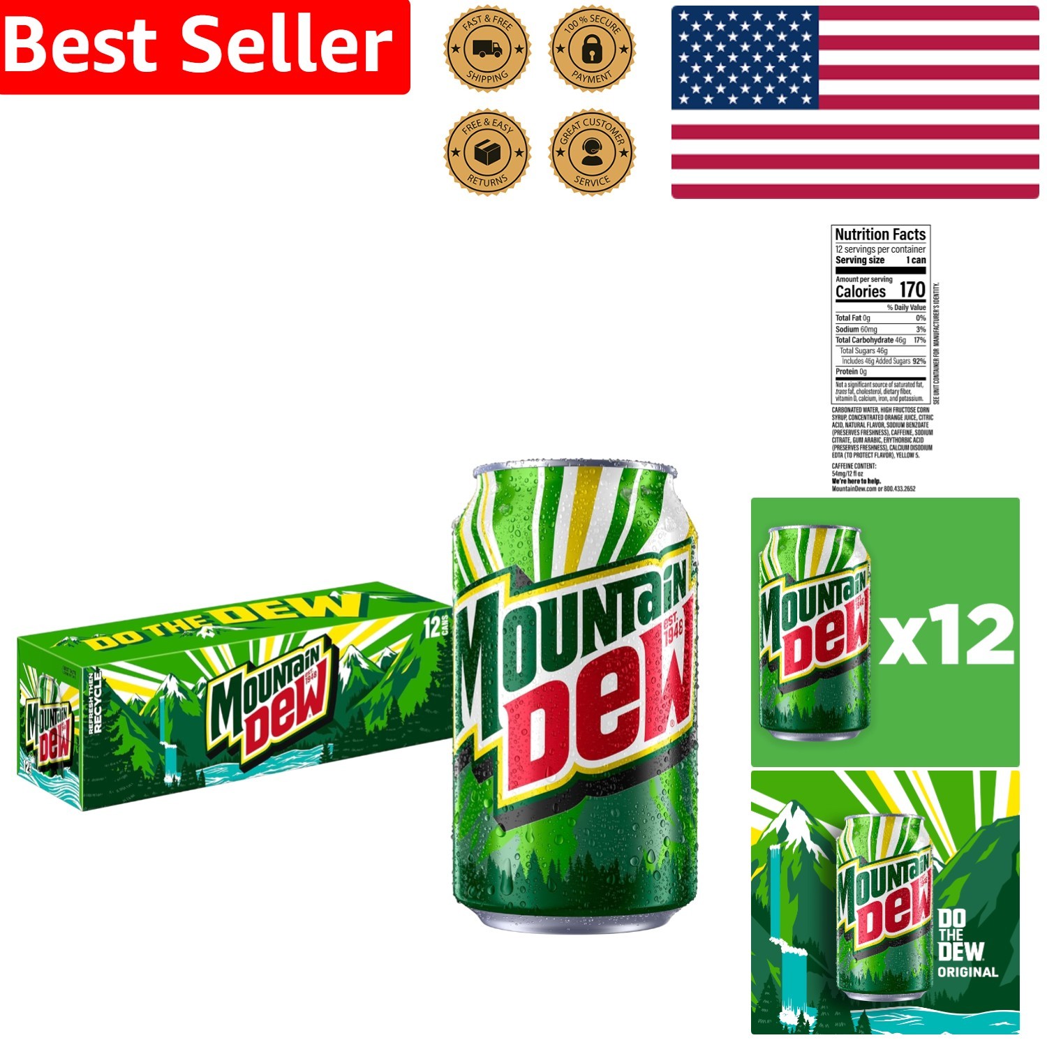 Pack of 12 MTN DEW  12 Fl Oz Cans - Ultimate Refreshment for Parties