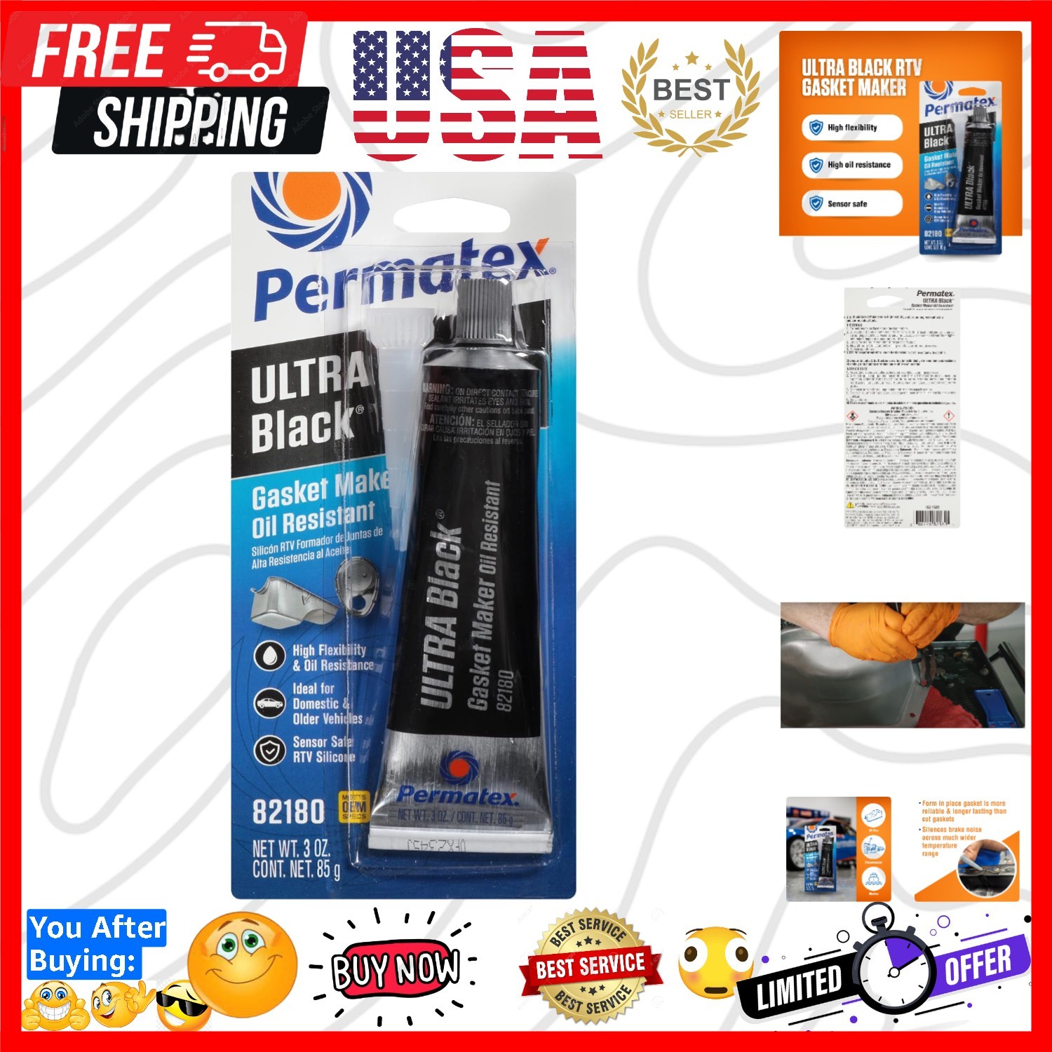 Ultra Black Maximum Oil Resistance RTV Silicone Gasket Maker, Sensor Safe and...