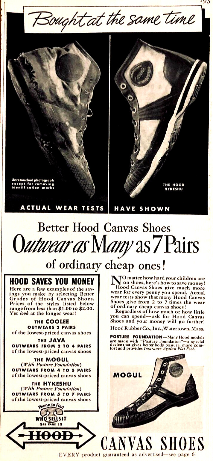 HOOD CANVAS SHOES—HOOD RUBBER COMPANY—WATERTOWN MA—ORIGINAL 1937 PRINT AD