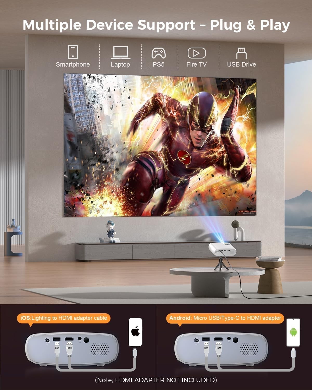 Mini Projector 1080P HD for iPhone Android Windows TV Stick HDMI USB Tripod P...