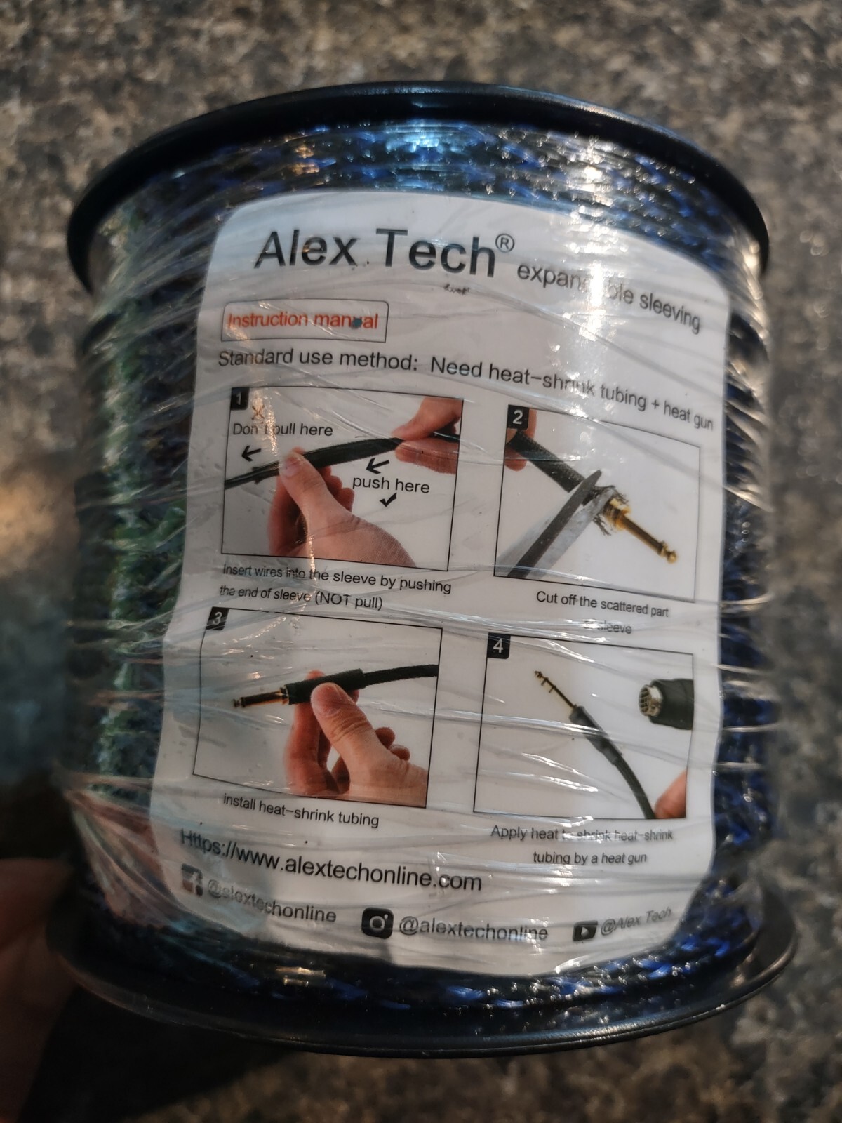 100 ft Alex Tech Expandable 1" Sleeving Blue and Black - NEW