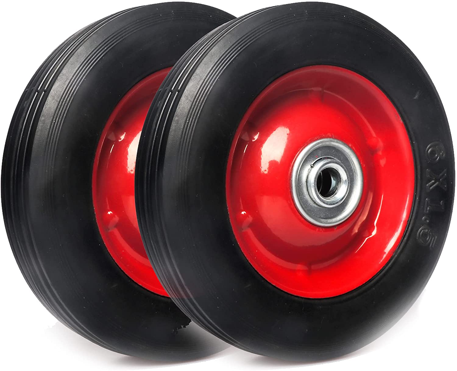 (2-Pack) 6” X 1.5” Flat Free Solid Rubber Wheel Assemblies - Replacement Hand T