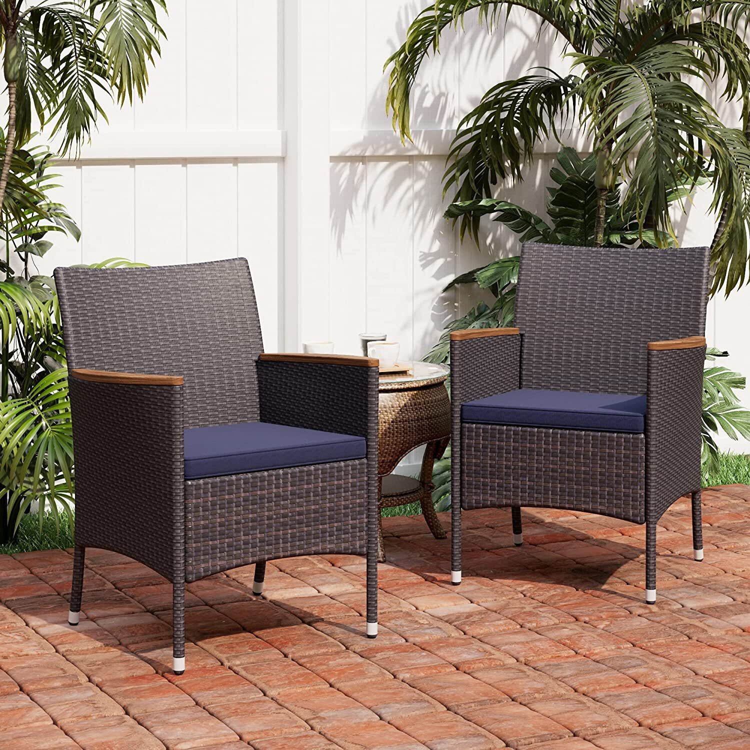 Patio Rattan Chairs Set of 2 with Cushion Outdoor Garden Wicker Dining Furnitur