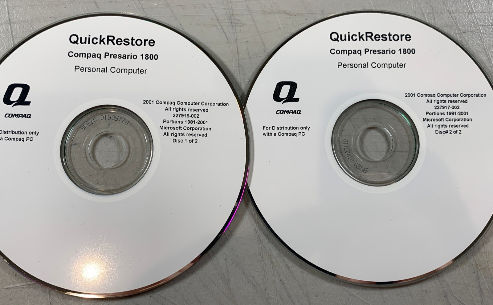 Compaq Presario 1800 Personal Computer PC Quick Restore Recovery Discs x2