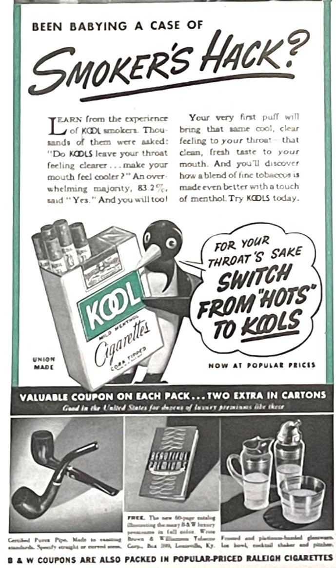 Kool Cigarettes Vintage Print Ad 1942 Penguin Illustration Union Made USA u