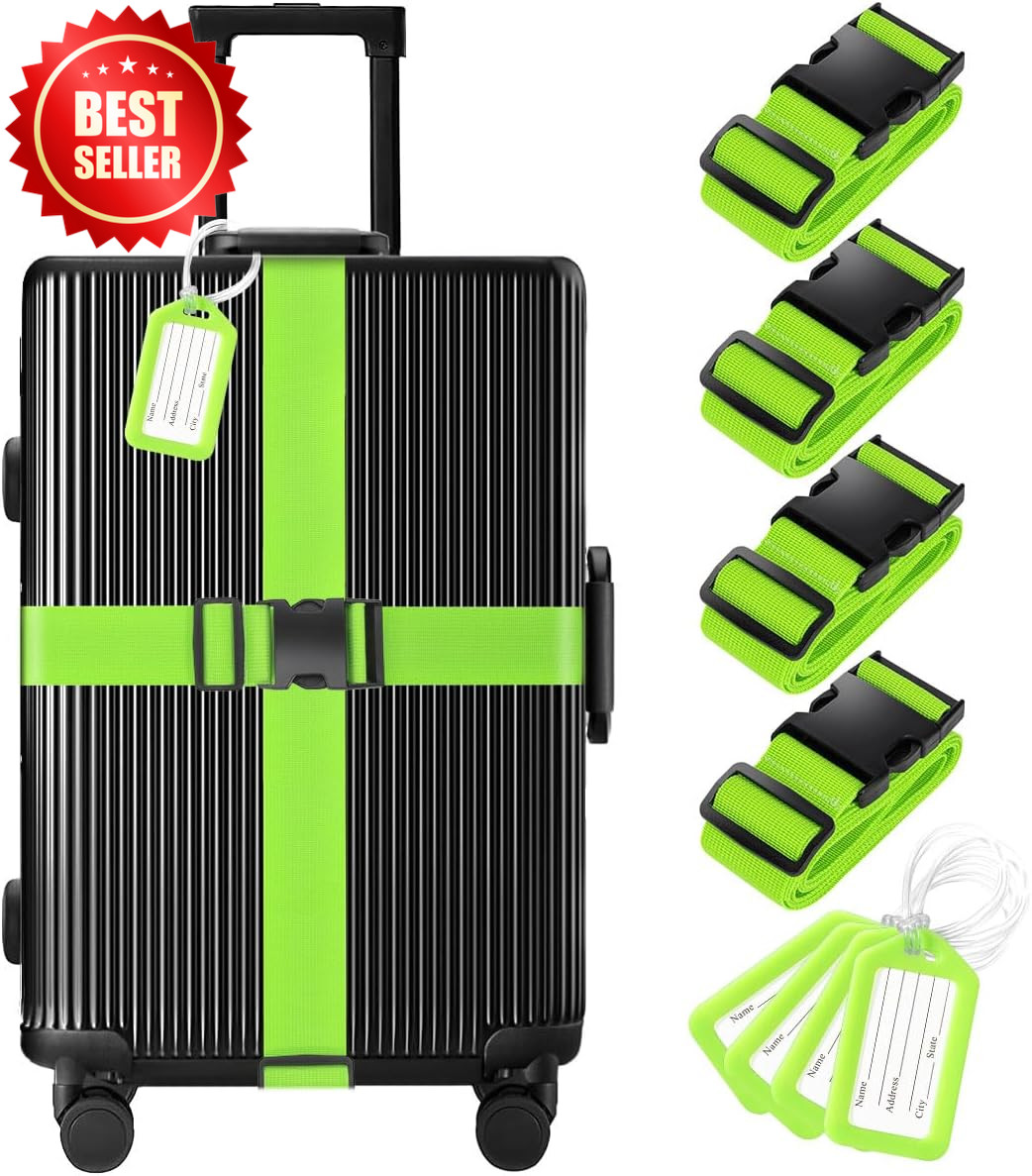 8 Pack Luggage Straps & Tags Set - 4 Straps, 4 Tags, TSA Approved Suitcase Belt