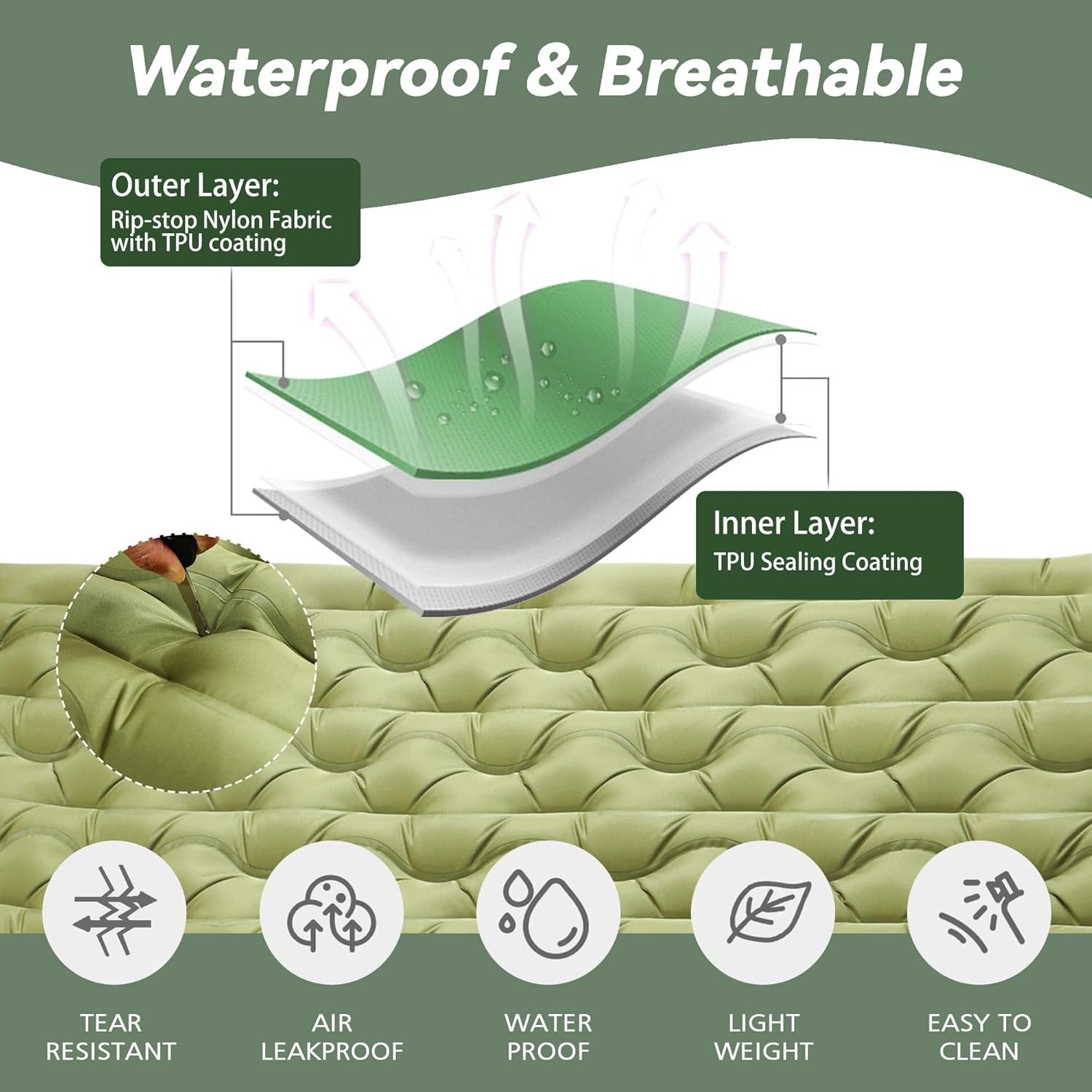 Double Camping Sleeping Pad 5 Inch Thick Self-Inflating Pillow Lightweight