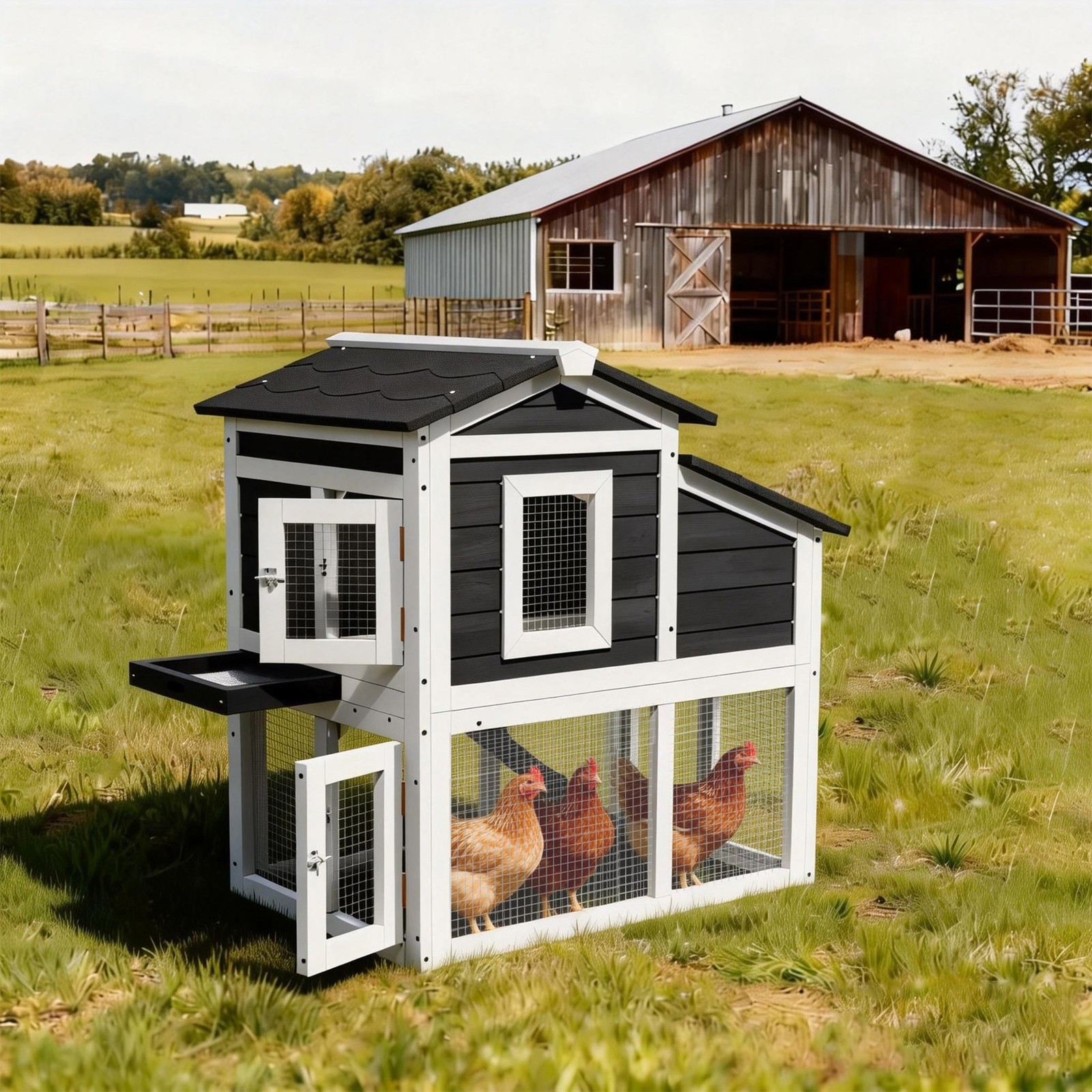 Backyard Wooden 2-Tier Chicken Coop with Weatherproof Nesting Box, Gray