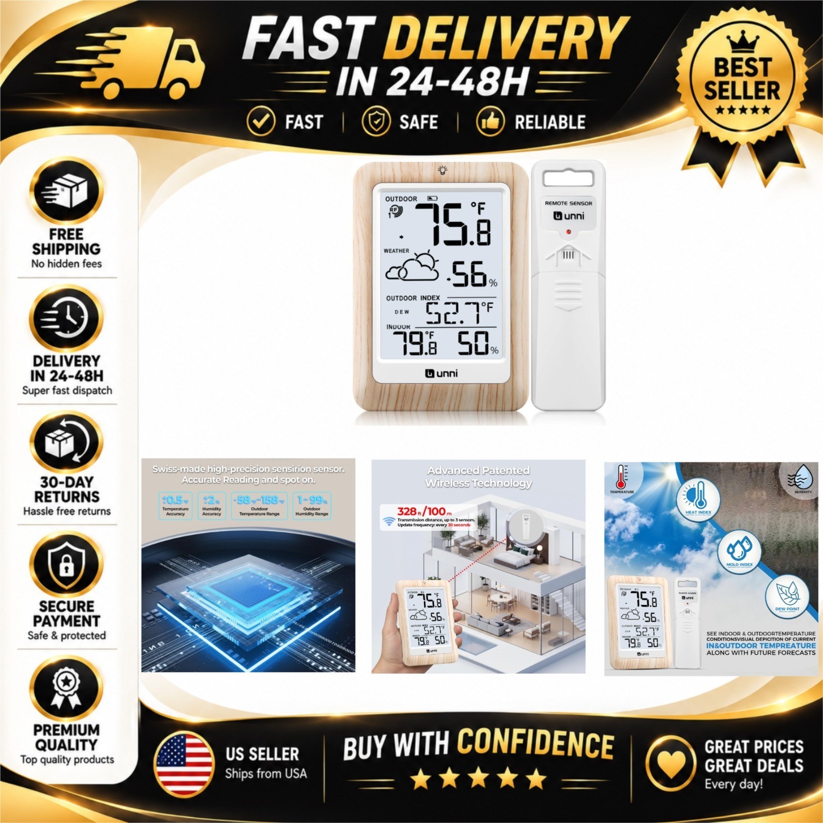 Indoor Outdoor Wireless Thermometer with Remote Sensor - Battery Powered