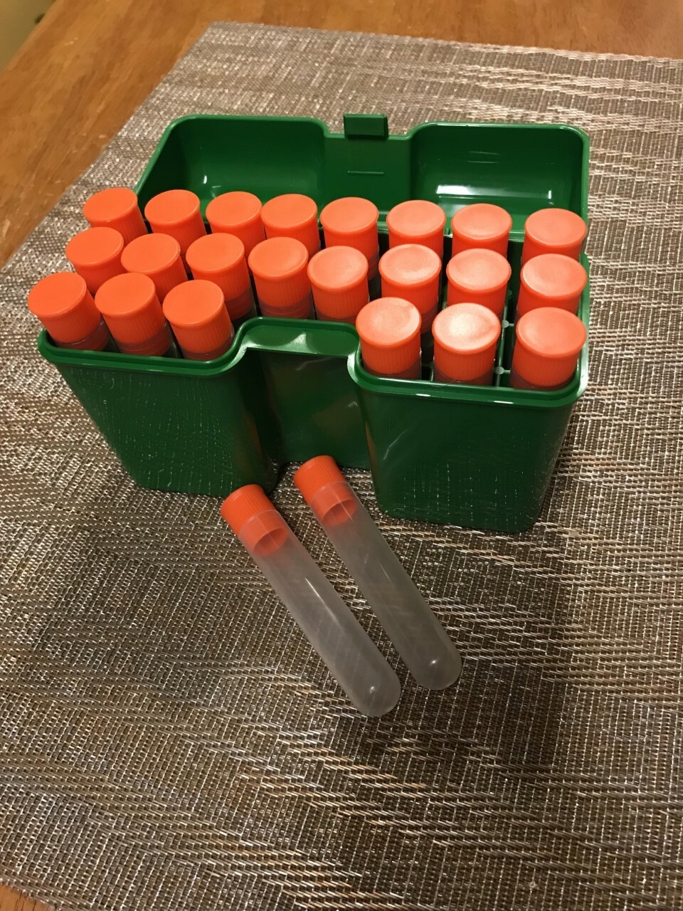 Green Ammo Box w/ 22 Blackhorn 209 Black Powder Charge Tubes & two extra tubes