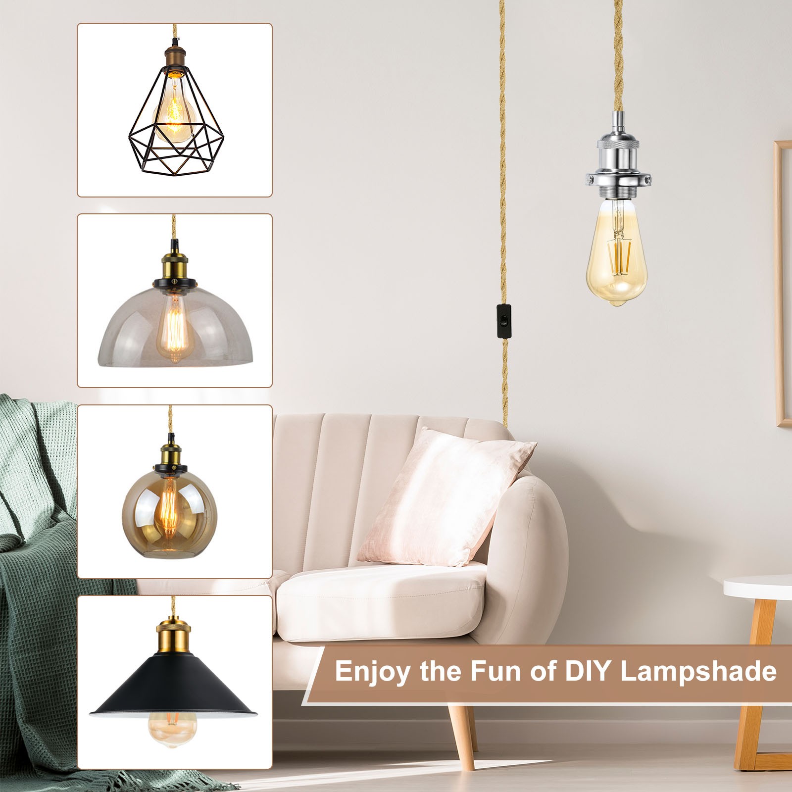 15.4Ft Pendant Light Cord Bundle Plug in E26 Socket Vintage Twisted Rope Chrome
