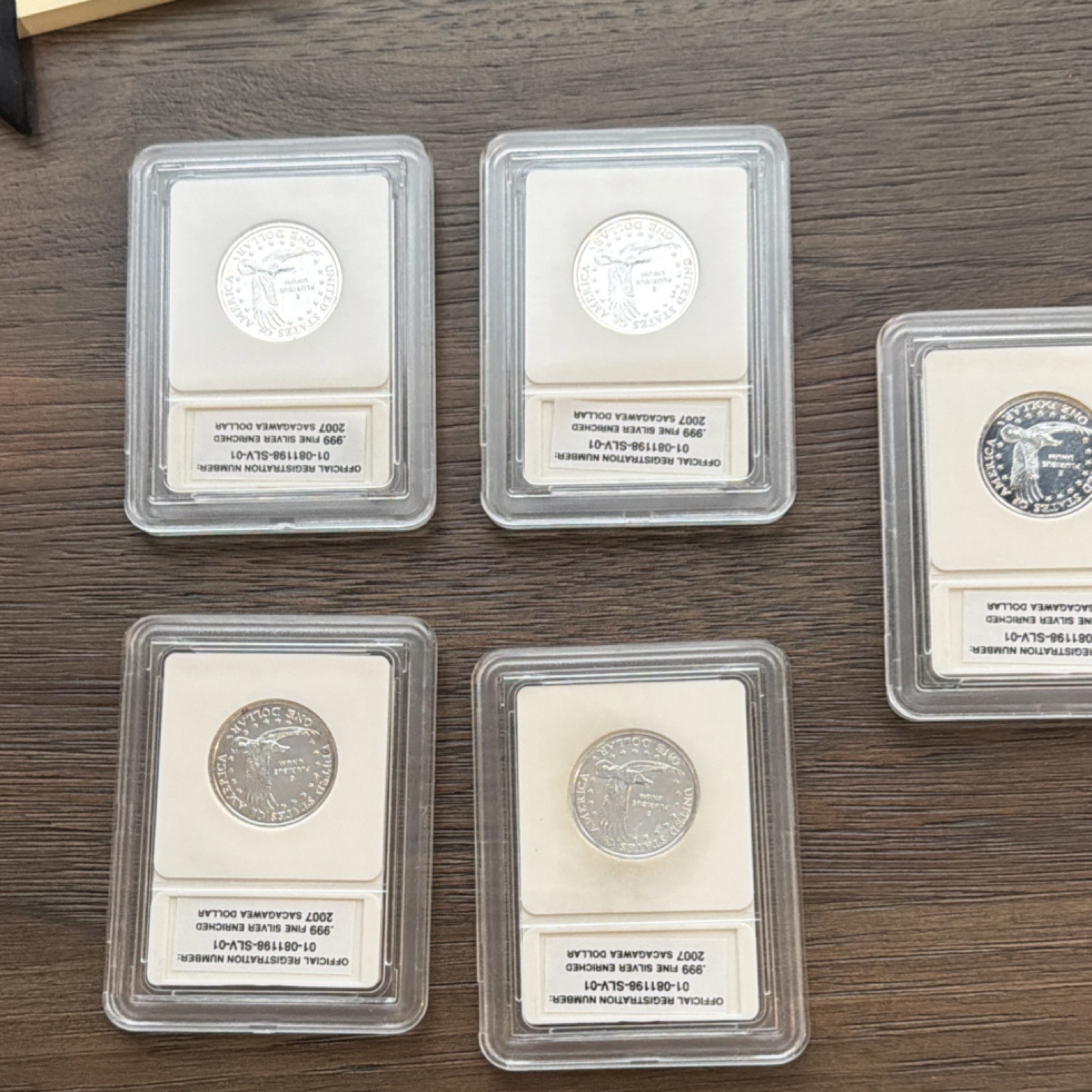 Five (5), 2007 Sacagawea .999 Silver Plated.