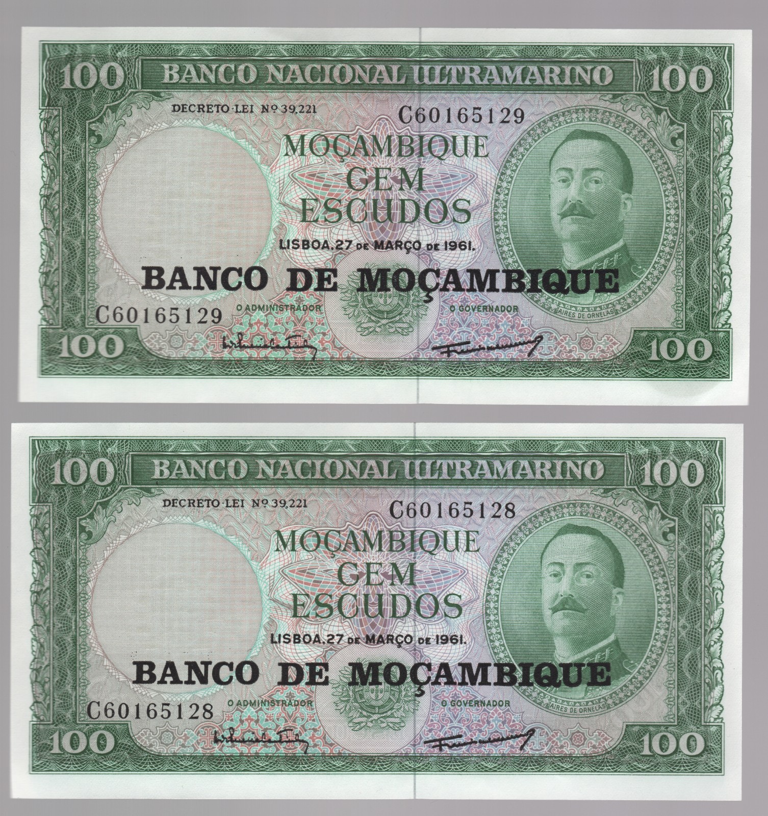 1961 Mozambique 100 Escudos Banknotes x2 – Consecutive Numbers