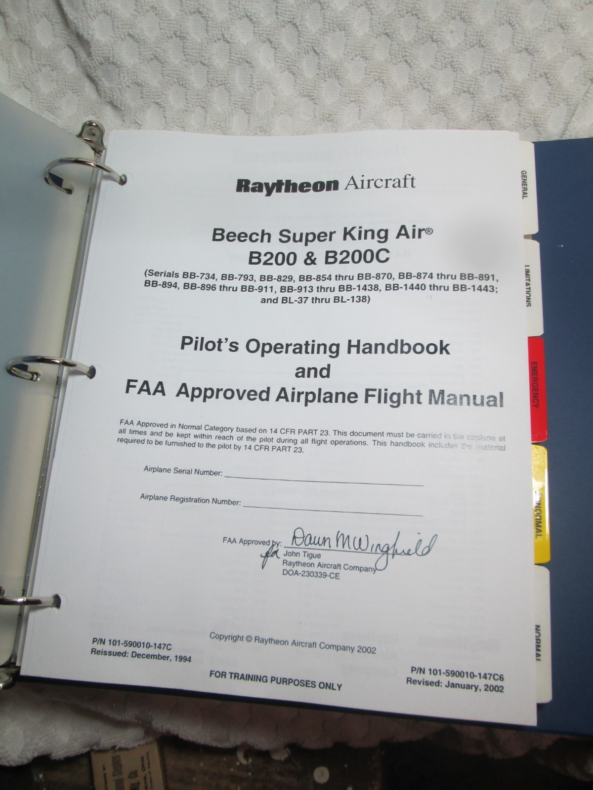 2002 FlightSafety Int. Raytheon Beech Super King Air B200 B200C Flight Manual