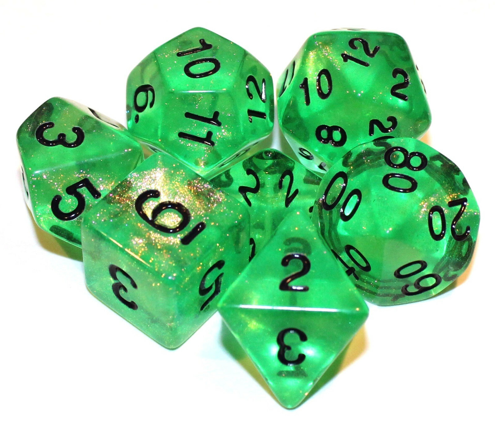 7 Piece Translucent Shimmer Polyhedral Dice Set w/ Bag – Green