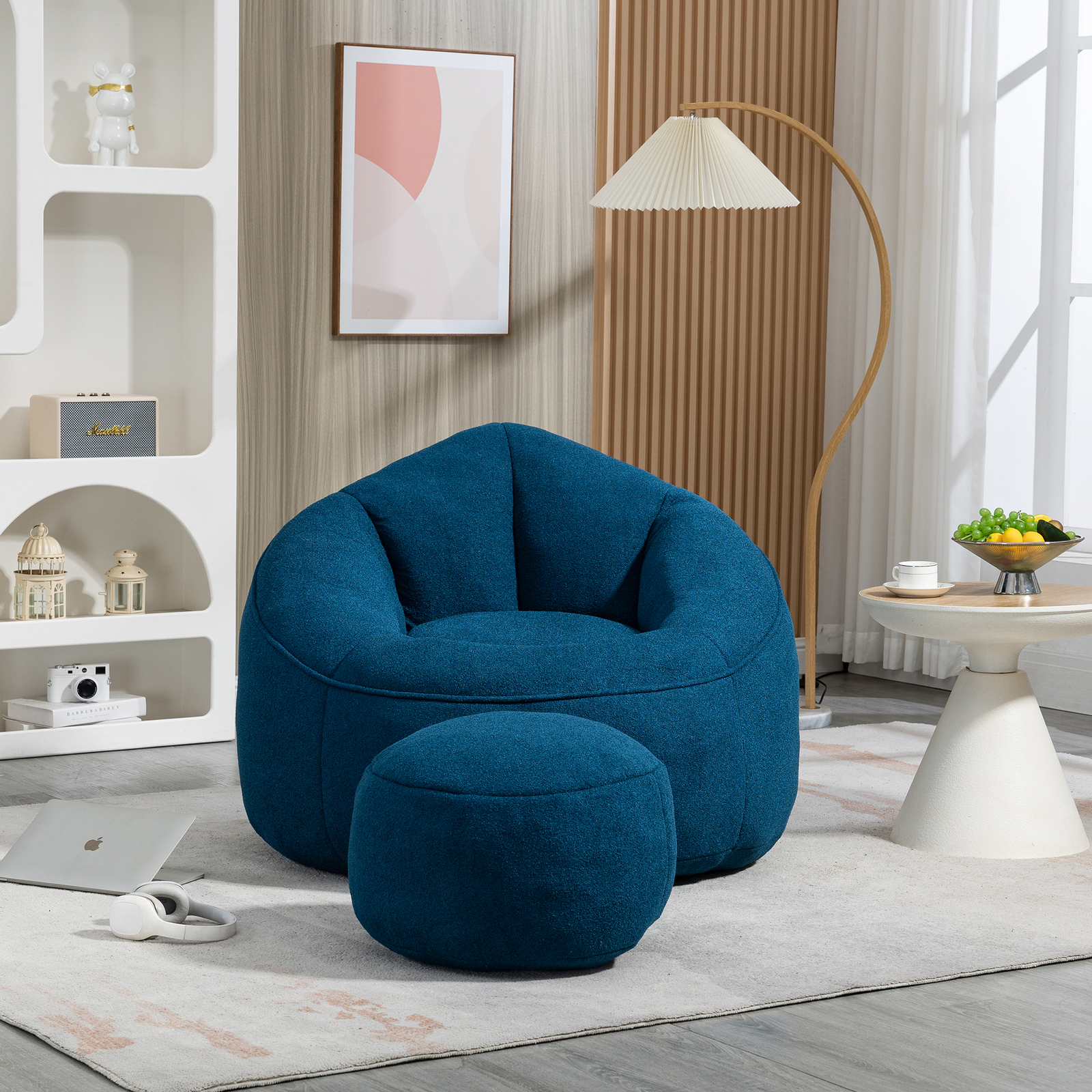 Bean Bag Sofa Chair High Pressure Foam Bean Bag Chair with Padded Footrest Blue