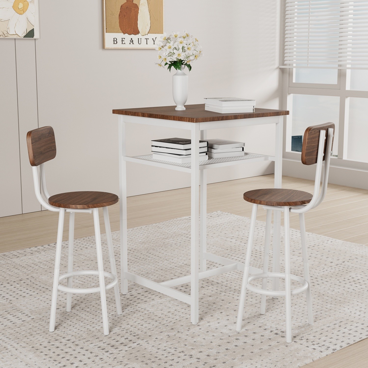 3 Piece Bar Table Set Counter Height Dining Kitchen Pub Table w/ 2 Stools