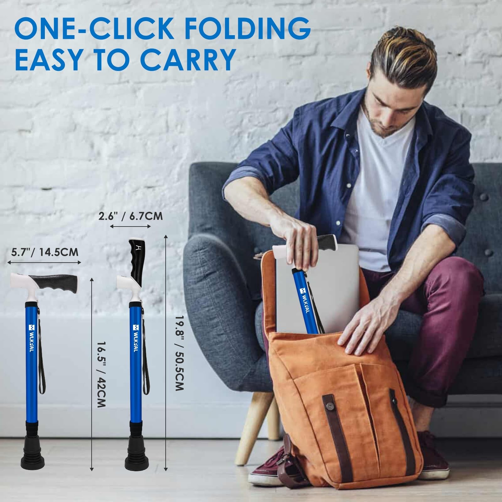 WLKPAL Adjustable & One-Button Folding Walking Cane for Large, Nautical Blue