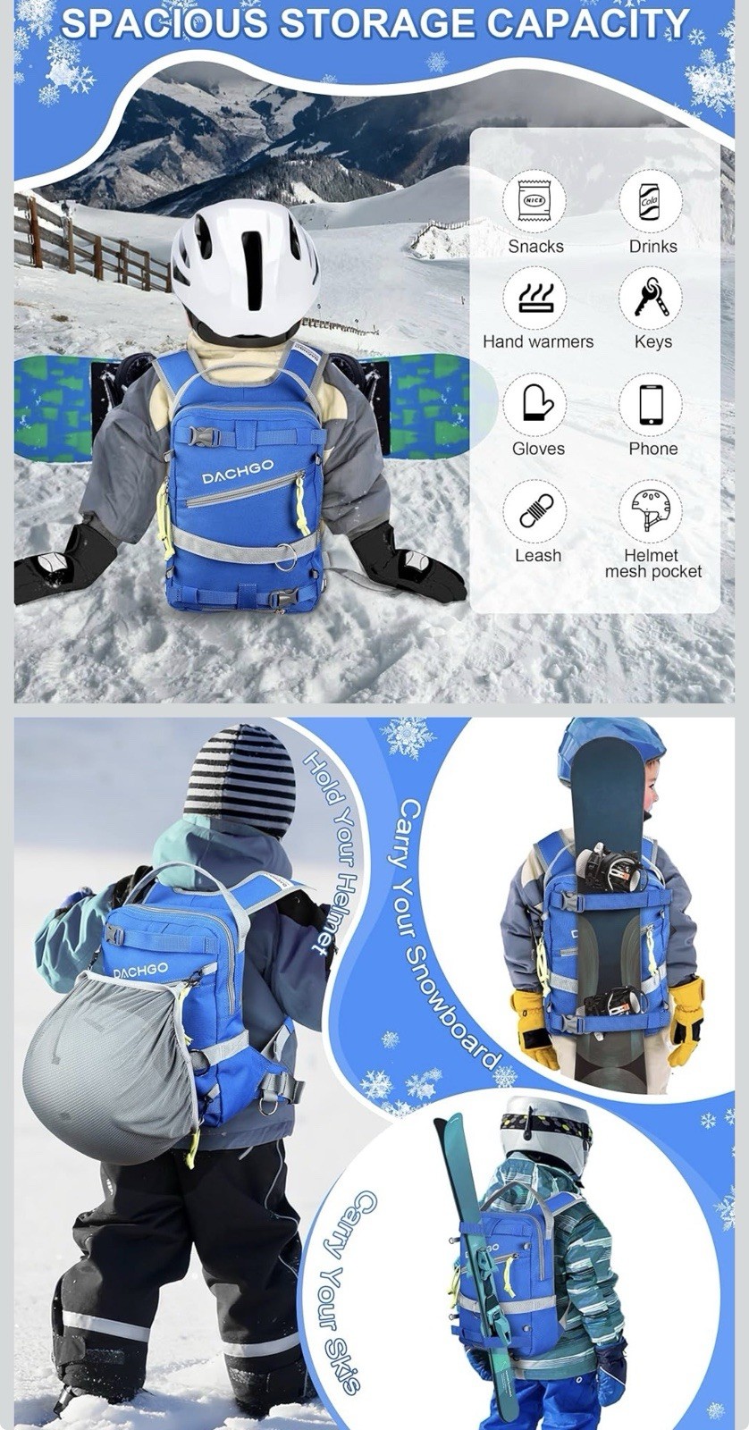 Ski and Snowboard Harness with Training Leash for Kids Blue