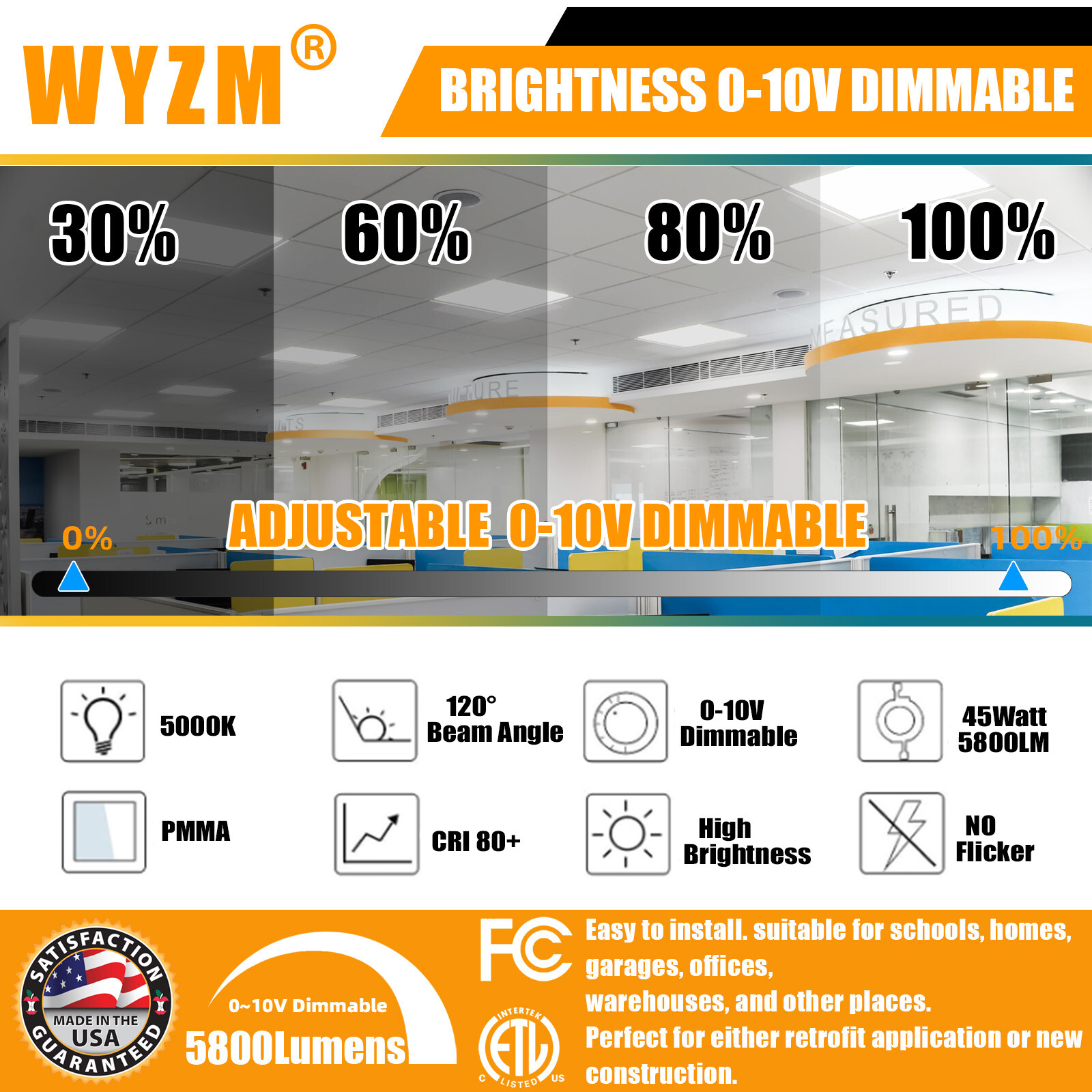 6Pack 2x2 FT LED Flat Panel Lights, Back-lit Drop Ceiling Lights, 0-10V Dimmable