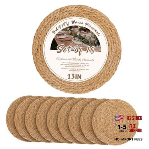 13 in Round Woven Placemats Plate Chargers Set 13 Inch Set of 10 Natural Color