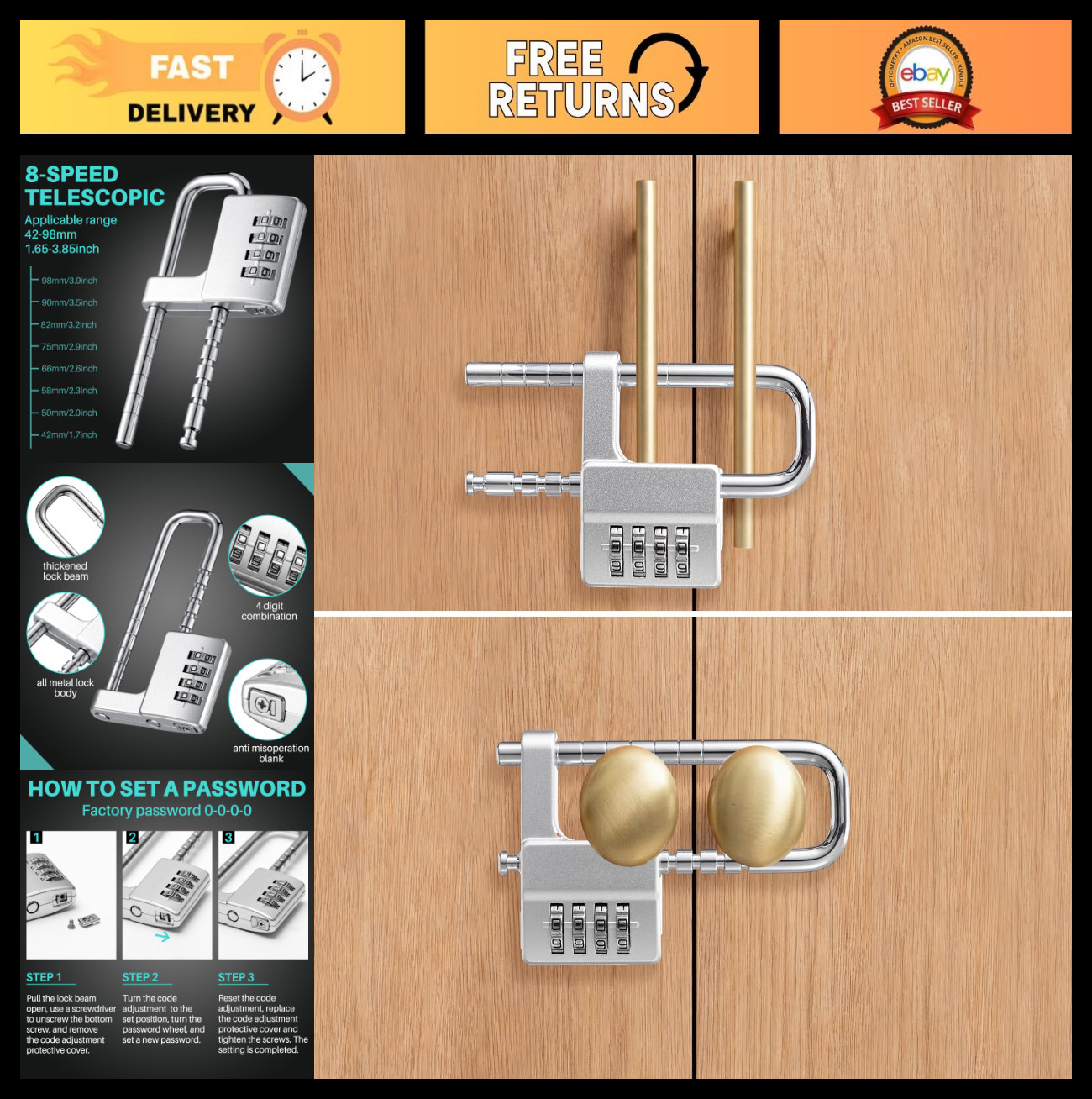 4 Digit Combination Cabinet Lock - Adjustable U Shaped Padlock for Gym & Outdoor