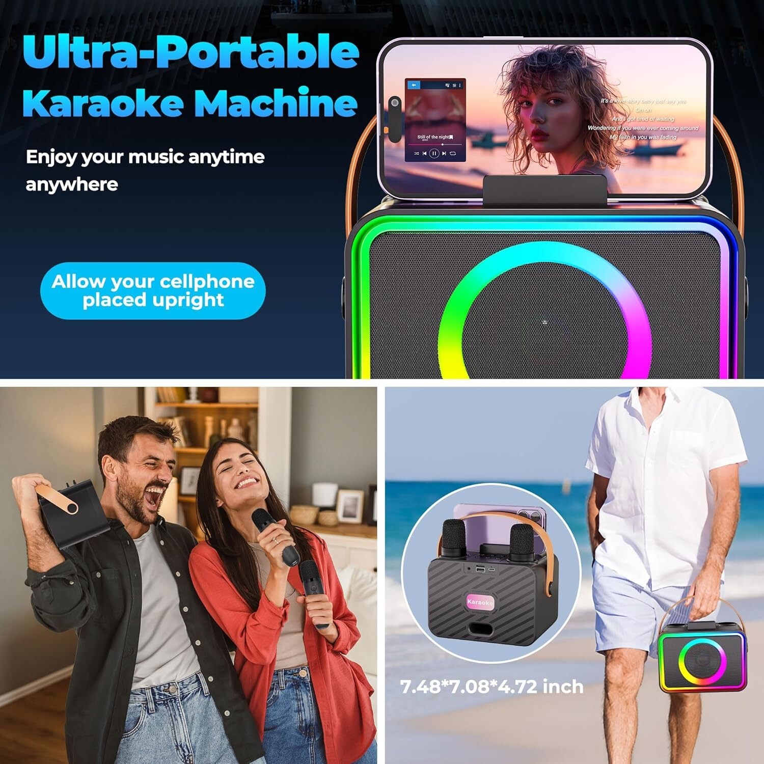 Karaoke Machine, Portable Bluetooth Karaoke Speaker with 2 Wireless Microphones