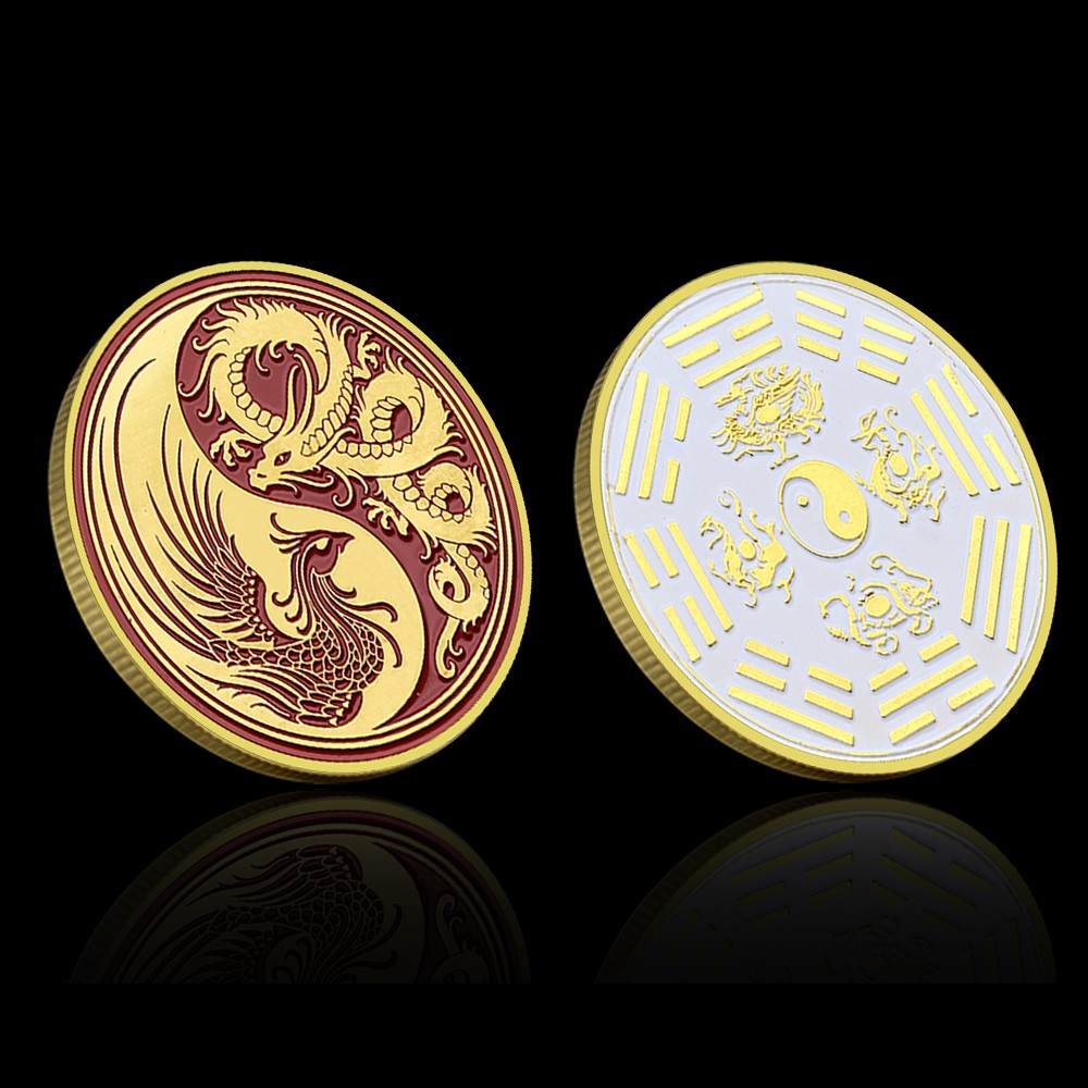 Chinese Dragon and Phoenix Yin Yang Commemorative Coin Collectible Medal Gift