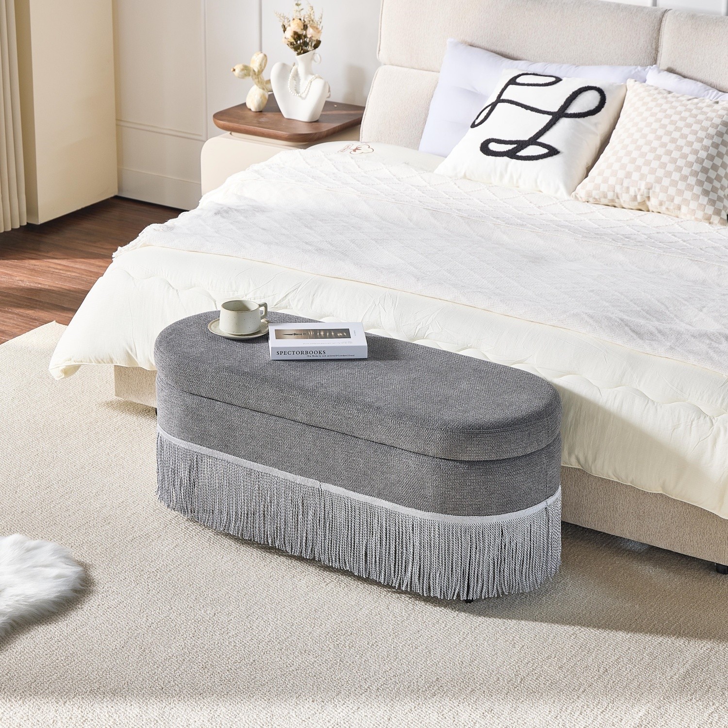 Storage Ottoman Bench 39" Oval Upholstered Footrest w/ Metal Frame & Fringe Trim