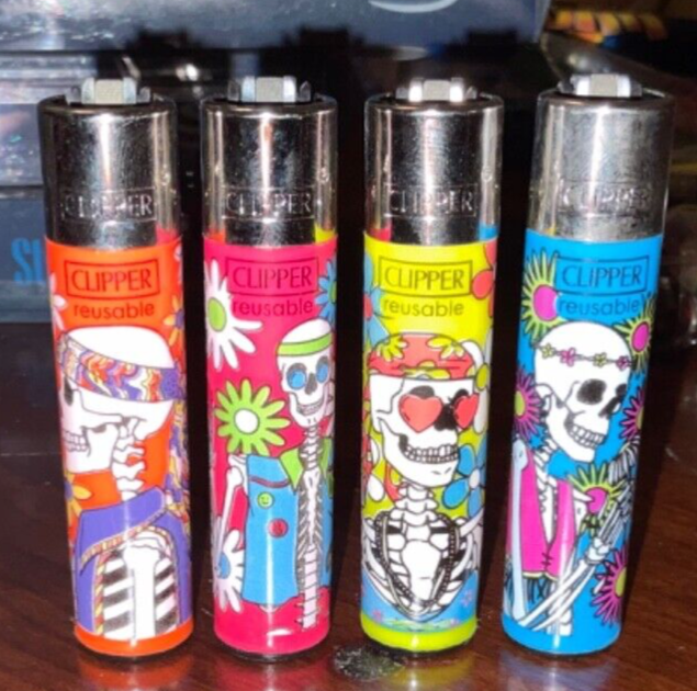 Clipper Refillable Lighter Set of 4 Hippie Skulls
