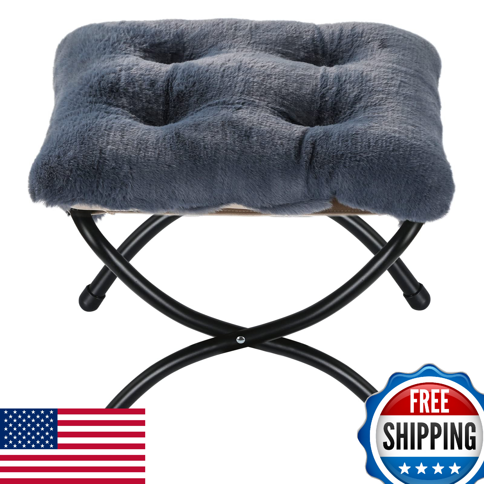 WELL-STRONG 15" Foldable Ottoman Foot Stool Metal Frame Washable Faux Fur Navy